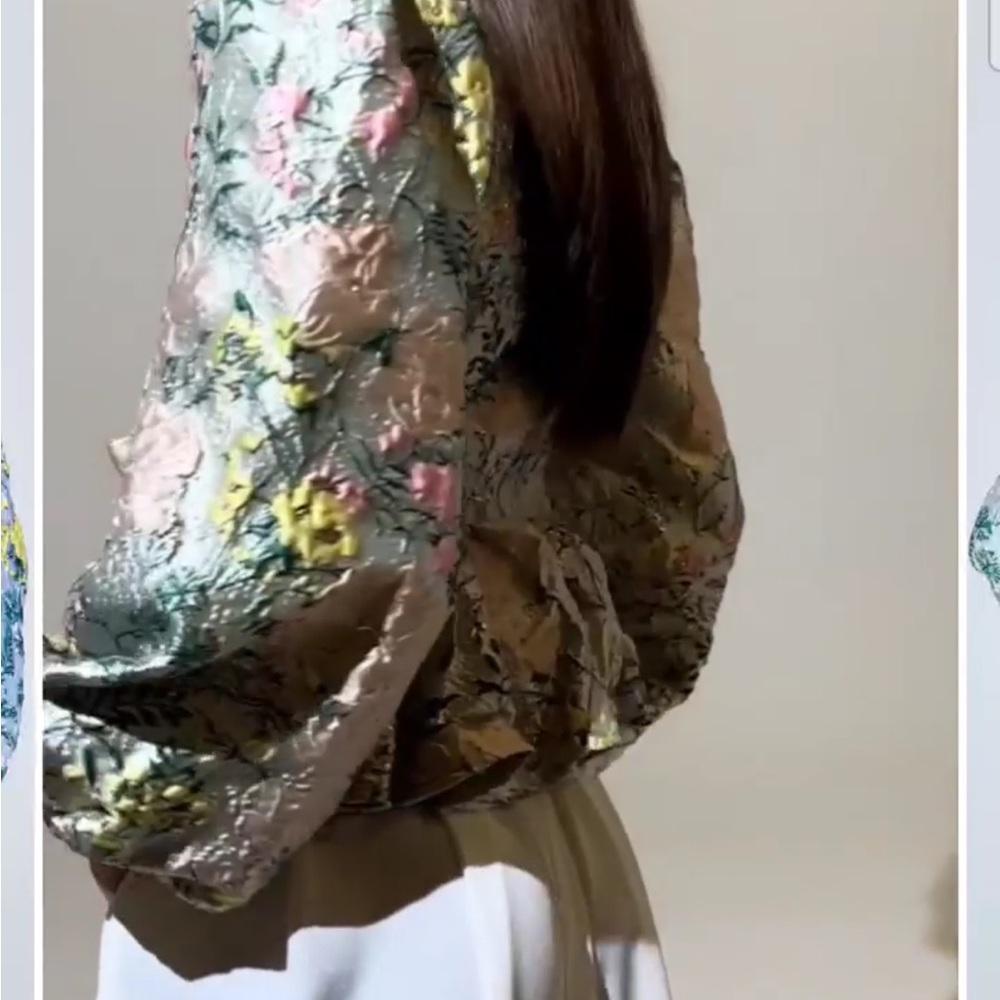 AKIRA Floral Tie-Front Puff Sleeve Blouse in Pale Pink, Green & Yellow - Picture 7 of 10